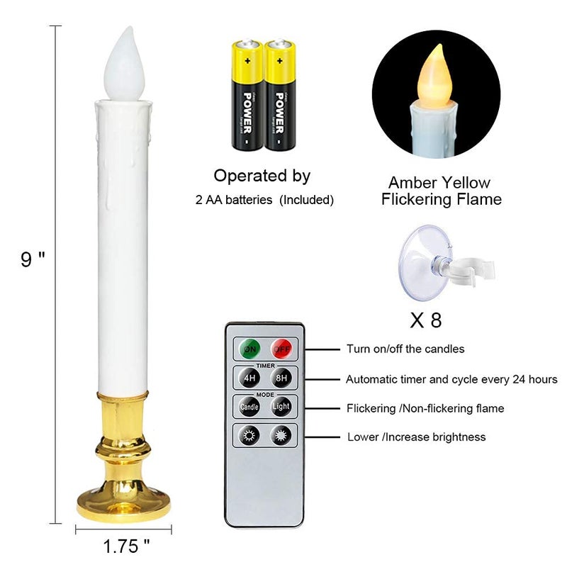 DRomance 9" Flameless Window Taper Candles Battery Operated with 8-Key Remote and Timer, 8 Pack White Christmas Holdiay Window Candles with Gold Holders, Suction Cups and AA Batteries Included - Image 5